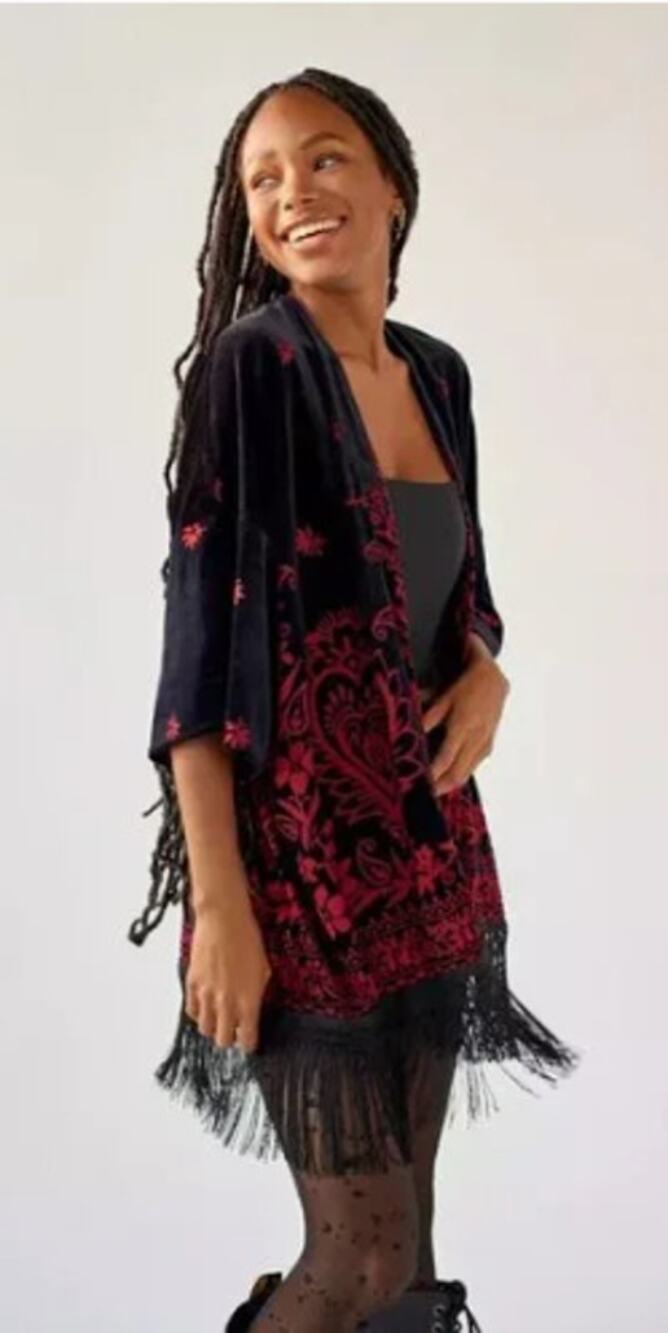 Urban Outfitters Burnout Velvet Kimono Red Floral Paisley Fringe Wrap OS